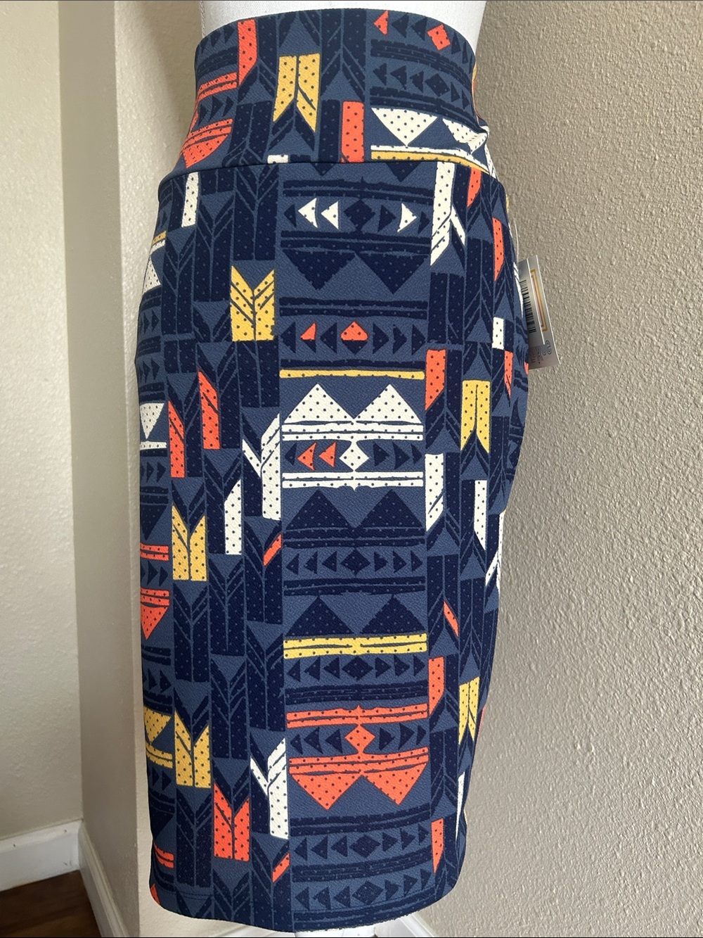 LuLaRoe Navy Geometric Pencil Skirt with Orange, Yellow & White Accents